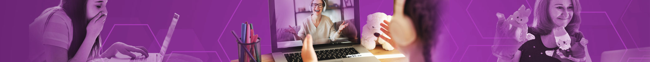 montage of people working on computer, student with headphones highlighted